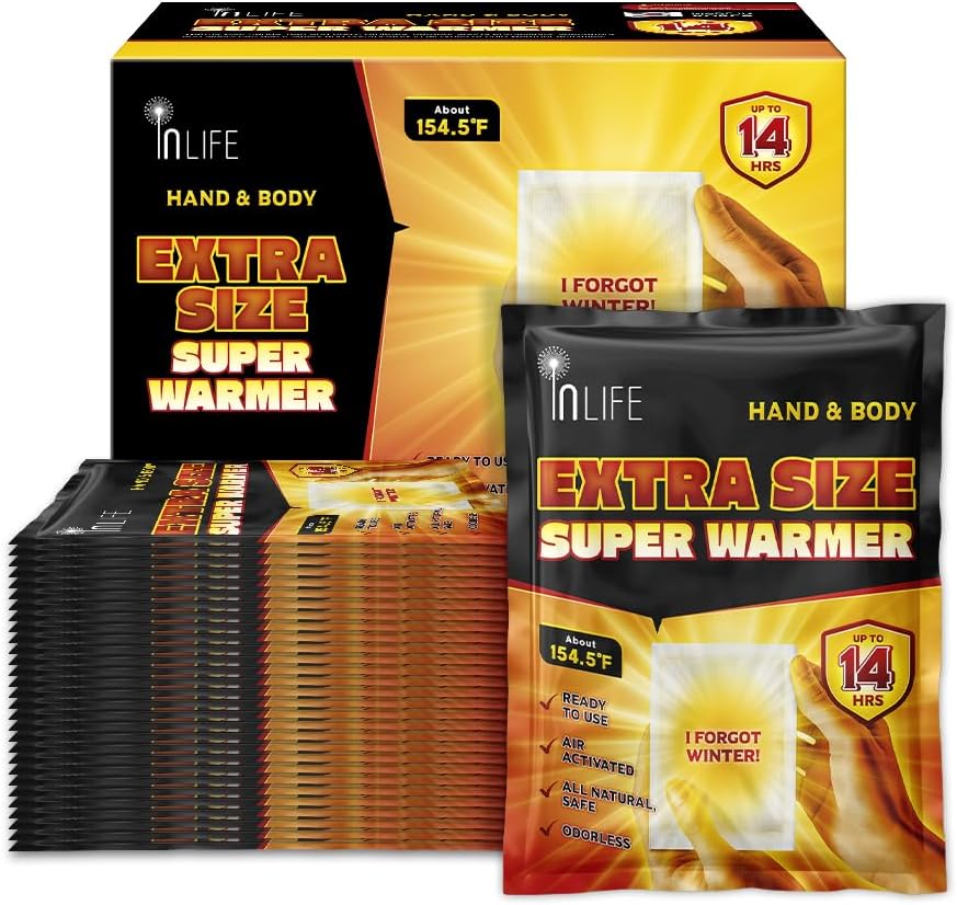 InLife Extra Size Super Warmer for Hands and Body, All Natural & Safe, Bigger & Wider Area Covered, Higher Heating 145°F, Air Activated, Easy & Comfort, Steady Longer Lasting, Odorless, 30 Packs