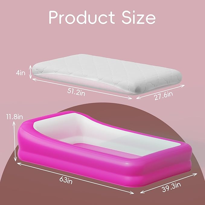 Inflatable Toddler Travel Bed, Portable Kids Air Mattress with Soft Bed Sheet, Toddler Air Mattress with Surround Safety Bumpers, Ideal for Home Use or Travel, Includes Pump and Carry Bag,Pink