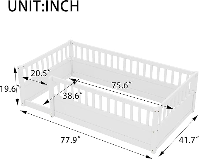 Bellemave Kids Montessori Floor Bed,Twin Size Floor Bed with High Fence and Door,Twin Bed Frame with Guardrails for Kids,Girls,Boys,Twin,White