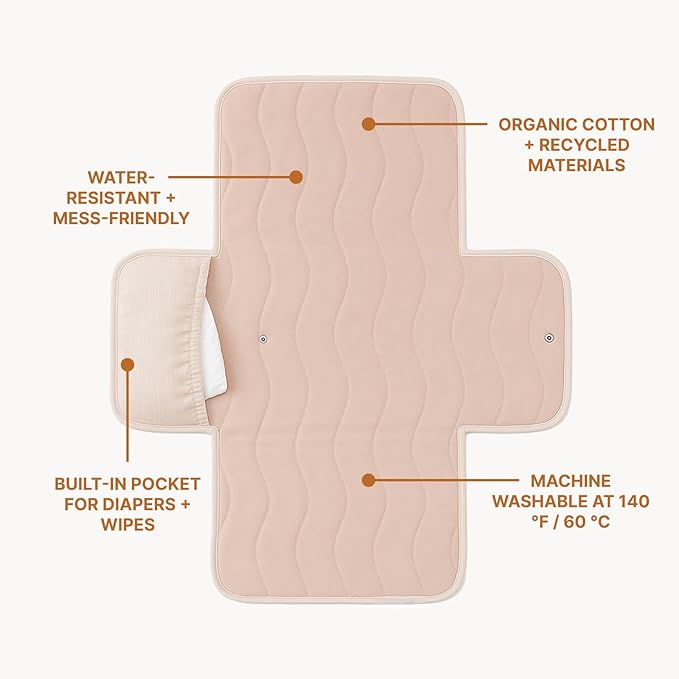 Toddlekind Mini Maven Portable Changing Pad – Organic Cotton & Water-Resistant Polyester – Travel-Friendly, Foldable Change Mat – Blush Stripes with Wave Stitching – Chic, Durable, Easy to Clean