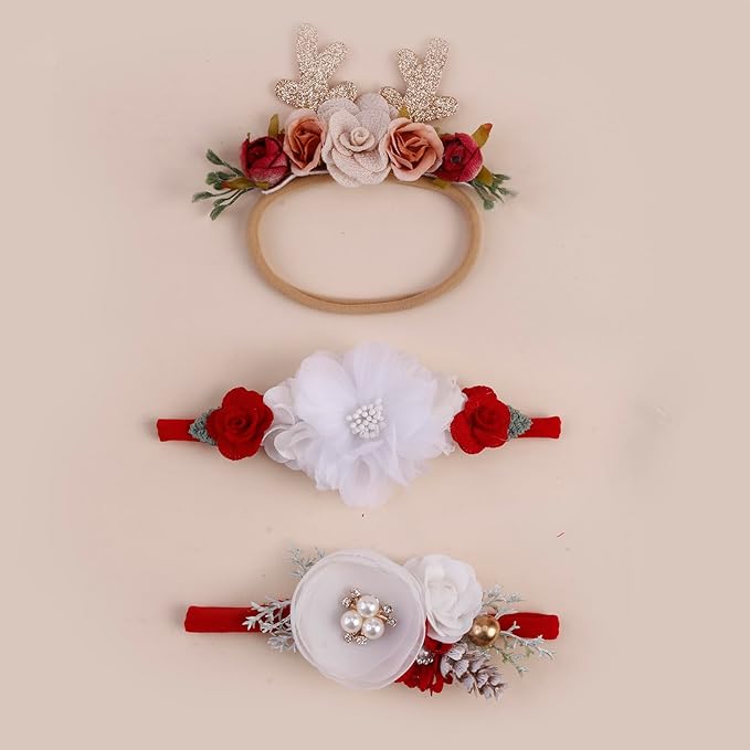 cherrboll 3pcs Baby Girl Headbands Flowers, Super Soft & Stretchy Nylon Floral Hairbands for Newborn Toddler
