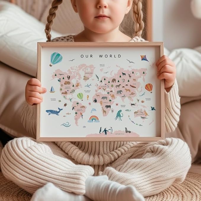 OZCONO World Map Learning Poster, Colorful Animal Chart Kids, Preschool Wall Decor Art, Homeschool Education Guide (Unframed) (11x14)