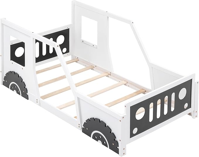 Merax Twin Size Classic Car-Shaped Platform Bed with Wheels, Wood Car Bed Frame for Boys, White