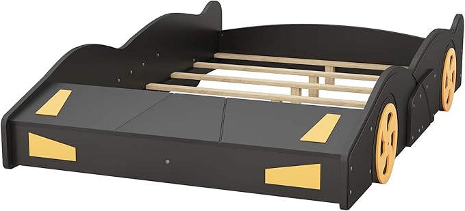 SOFTSEA Full Car Shaped Bed Frame with Storage for Boys Car Bed Frame with Storage, Wood Race Car Platform Bed with Wheels, No Box Spring Required, Black+Yellow