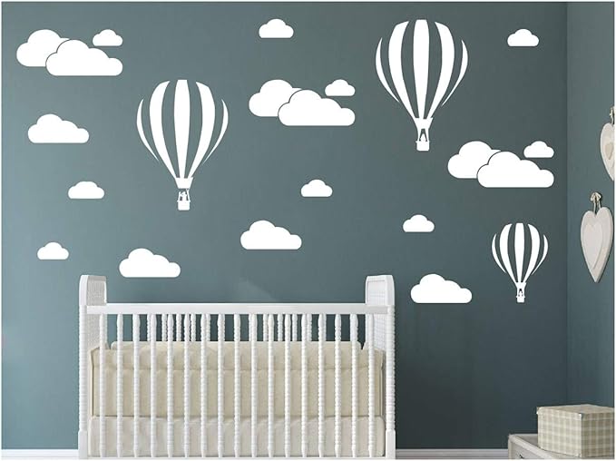 White Clouds & Hot Air Balloons Nursery Kids Childs Room Vinyl Wall Art Sticker Baby Wall Decals Removable Waterproof Wallpaper D952 (White)