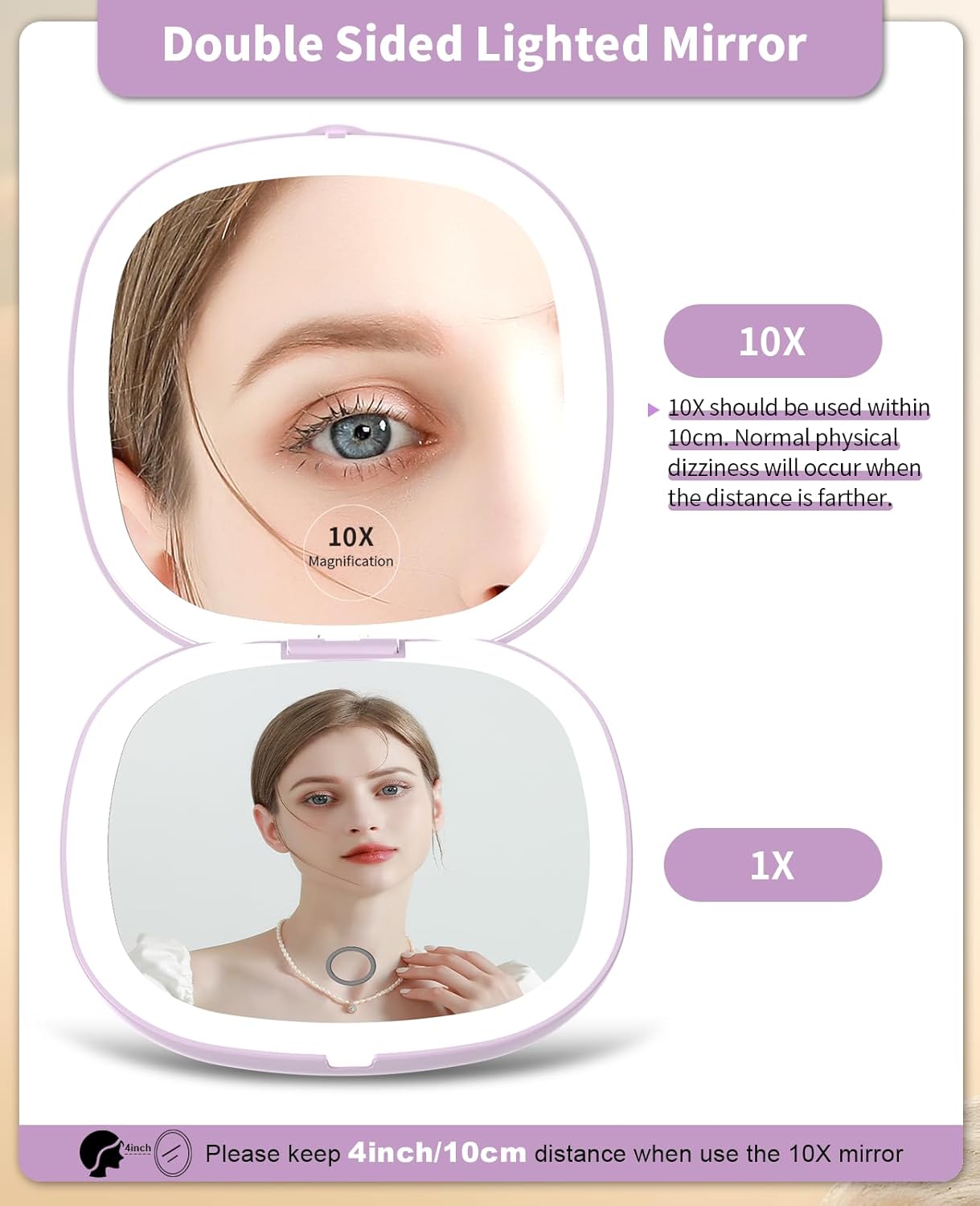 WOBSION Rechargeable Lighted Travel Makeup Mirror,1x/10x Compact Magnifying Mirror with Lights,Portable for Bag,4inch,Gift,Purple