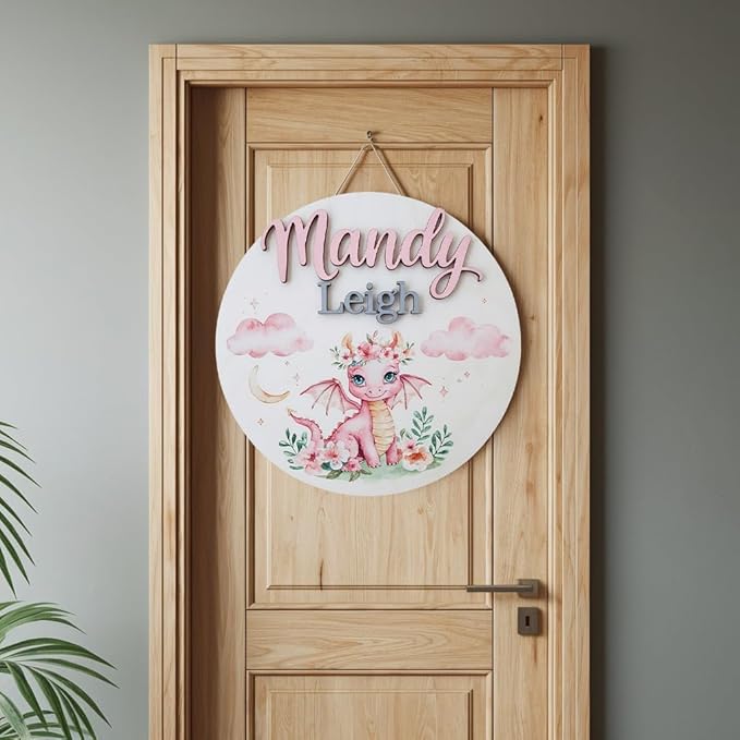 Personalized Wooden Name Signs for Nursery, Pink Dragon Sign for Baby Door Decor, Newborn Gifts for Girl, Girls Nursery Wall Bedroom Decorations, Mother's Day Gifts for New Mom Dad Gift