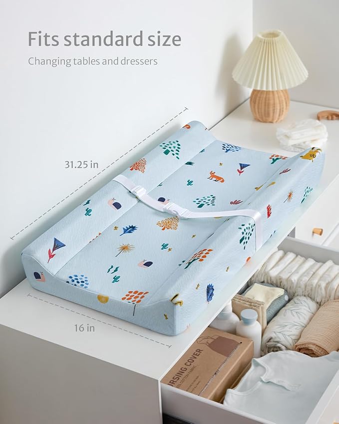 Blissful Diary Baby Changing Pad with Waterproof Lining Foam, Includes a Soft & Washable Cover, Contoured Changing Table Pads for Dresser Top with Non-Slip Bottom, 32”×16” (Blue, Rectangular)