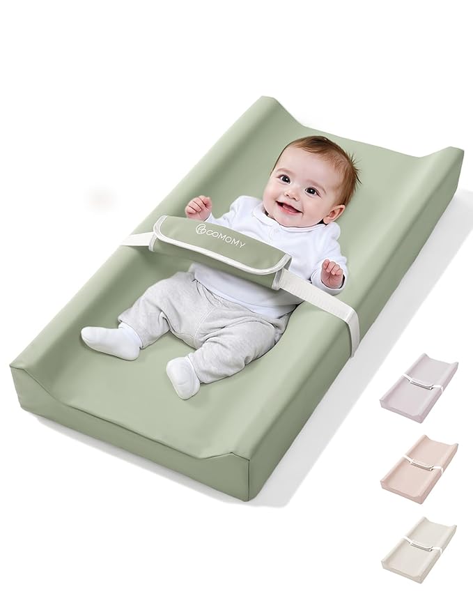 COMOMY Baby Changing Pad with Wipeable & Waterproof PU Cover, Contoured Diaper Changing Pad for Dresser with Non-Slip Safety Belt, Portable and Lightweight, Large Cushioned Foam, Green