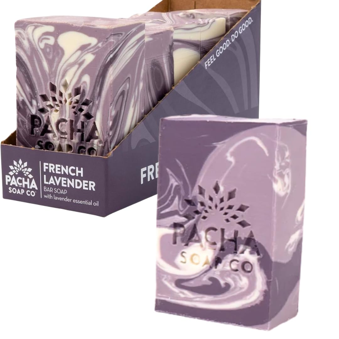 Pacha Soap Co. Bar Soap - Premium, Handcrafted, Hydrating, Natural Face Wash, Hand Cleanser, Body Wash, Soothing Essential Oils (French Lavender, 5-Pack, 4 oz ea)