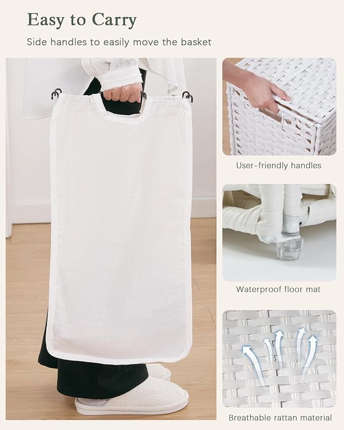 Laundry Hamper with Lid Laundry Basket 132 L (35 Gal) Wicker Clothes Hamper, Handwoven Rattan Hamper with Handles and 4 Removable Liner Bags, 6 Mesh Bags for Laundry Bedroom White