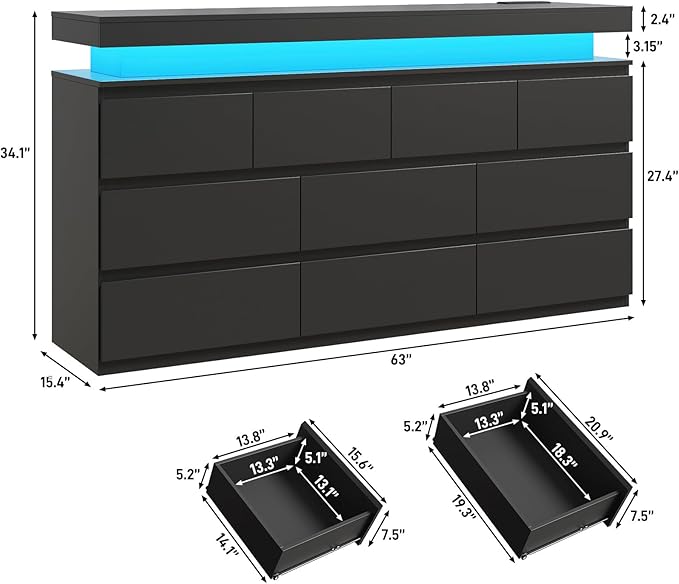 10 Drawer Dresser for Bedroom, 63“ Wide 34” Tall Drawer Organizer Cabinet with LED Light and Charge Station, Modern Chest of Drawers for Closet, Living Room, Entryway, Hallway (Black, 10 Drawers)