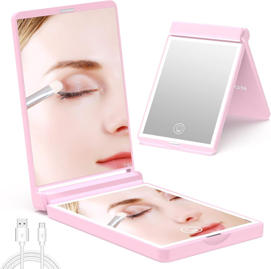 WOBSION Lighted Compact Mirror, Rechargeable Travel Makeup Mirror with Light,1x/3x Magnifying,300°Flip Folding Portable Mirror, 2-Sided Magnetic Switch Handheld Mirror,Dimmable,Gifts for Girls
