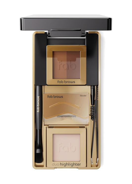 LUX Duo Stencil Eyebrow Kit - The Ultimate Brow Stencil Kit with Duo Brow Powder, Highlighter Powder, Stencil Shapes, Eyebrow Tools & Mirror - Eyebrow Stencil Kit Makeup - Dark Brown/Choco