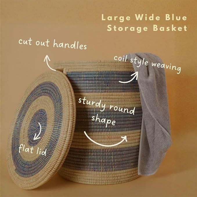 Storage & Organization - Laundry Basket, Bedroom Hamper, Nursery Toys Bin, Living Room Blankets Storage, Decorative, Wicker, Sturdy, Round, Handles, Woven, Blue Beige (Large)