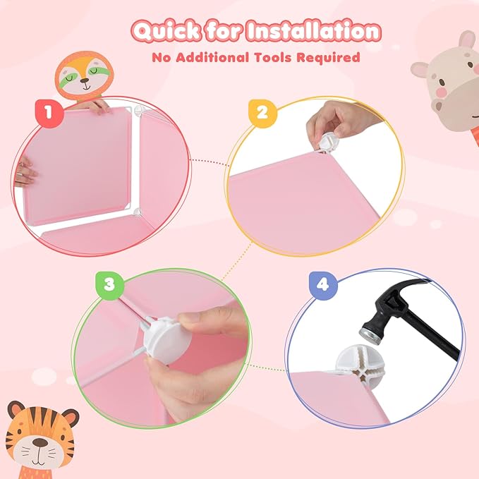 Costzon Kids Closet, Cartoon DIY Modular Dresser Storage Organizer with 12 Cubes & 2 Clothes Hanging Rack, Portable Armoire for Baby Toddlers, Kids Wardrobe for Bedroom Nursery (Pink)