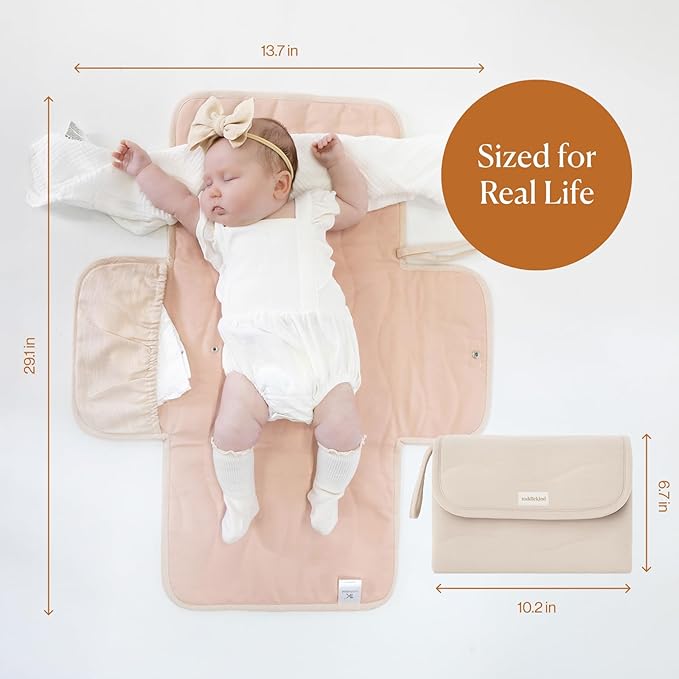 Toddlekind Mini Maven Portable Changing Pad – Organic Cotton & Water-Resistant Polyester – Travel-Friendly, Foldable Change Mat – Blush Stripes with Wave Stitching – Chic, Durable, Easy to Clean