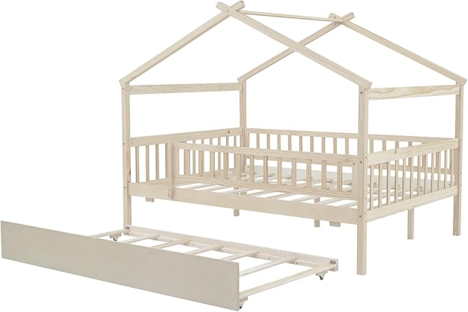 Harper & Bright Designs Full House Bed with Trundle, Kids Platform Frame Rails and Roof, Tent Bed, Wood Playhouse Montessori for Teens Girls Boys, No Box Spring Needed (Natural)
