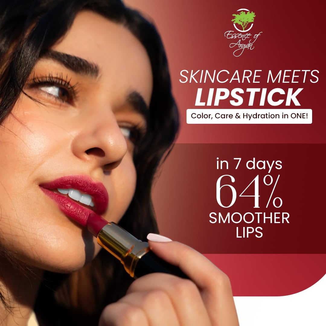𝗘𝘀𝘀𝗲𝗻𝗰𝗲 𝗼𝗳 𝗔𝗿𝗴𝗮𝗻 Moisturizing Deep Red Lipstick, Tinted Lip Balm with Pure Organic Argan Oil, Shea Butter Lip care, Lip Moisturizer, Long Lasting Lipstick Cabernet