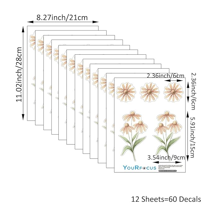 YouRfocus Daisy Wall Decals | 60 PCS Boho Flower Stickers for Girls' Rooms, Playrooms, and Nurseries | Dual Layer Print for High Coverage | Removable Peel and Stick Wall Decor (Orange) | 12 Sheets