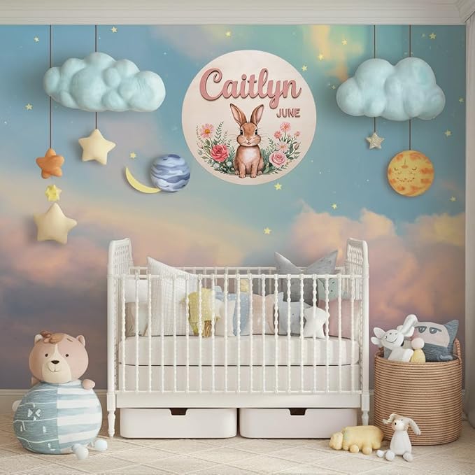 Personalized Name Sign for Nursery, Rabbit Sign for Baby Door Decor, Newborn Gifts for Girl, Girls Nursery Wall Art Bedroom Decorations, Mother's Day Gifts for New Mom Dad Gift