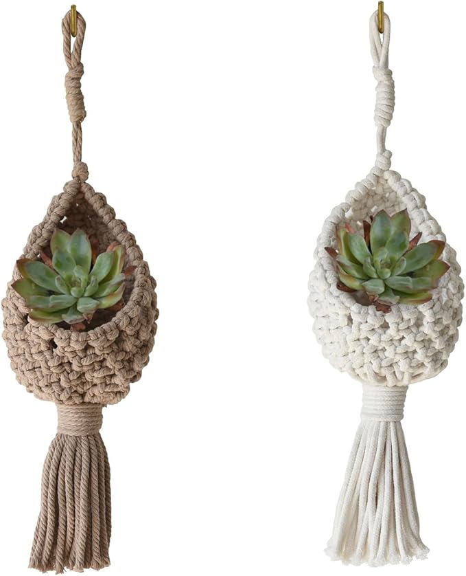 Macrame Wall Hanging Boho Decor Set of 2 Handmade Hanging Accents White & Cream Coffee Color Decorative Woven Wall Art for Living Room or Home Décor