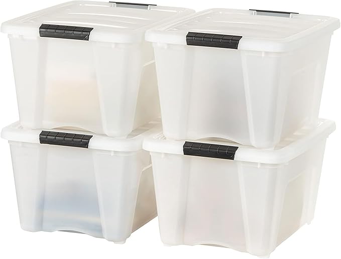 IRIS USA 32 Qt Stackable Plastic Storage Bins with Lids, 4 Pack - BPA-Free, Made in USA - Discreet Organizing Solution, Latches, Durable Nestable Containers, Secure Pull Handle - Pearl