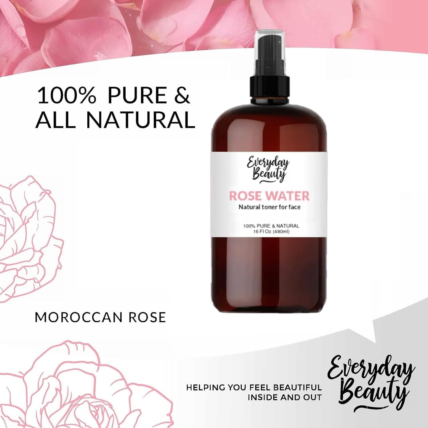 Rose Water Facial Toner - 16oz Bulk Alcohol-Free Vegan All Natural Refreshing for Face and Hair - Uplifts, Calming & Soothing for All Skin Types