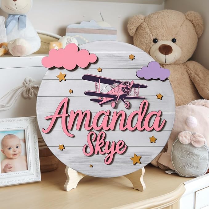 Personalized Wooden Name Signs for Nursery, Pink Plane Sign for Baby Door Decor, Newborn Gifts for Girl, Girls Nursery Wall Bedroom Decorations, Mother's Day Gifts for New Mom Dad Gift