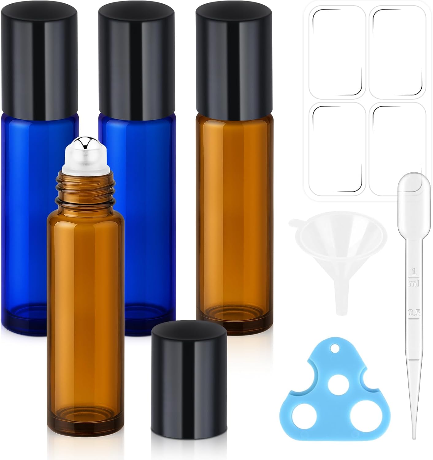 10ml Roller Bottles for Essential Oils, 4 Pack Glass Roller Ball Applicator Stainless Steel, Opener, Pipettes, Funnel, Stickers, Refillable Container for Perfume (Amber & Blue)