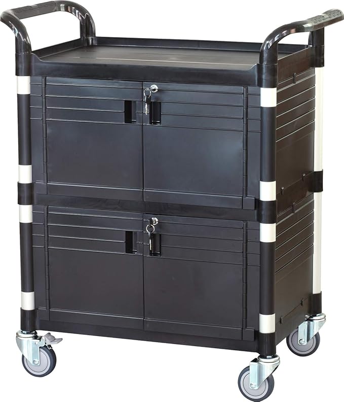 JaboEquip Commercial Heavy Duty Cabinet Rolling Medical Cart, Utility Cart, with 2 Lockable Doors Hospitality School Lab cart Service Cart, JB-3D2, Black Color