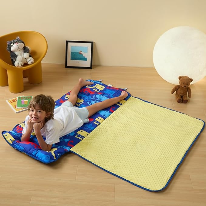beeweed Toddler Nap Mat, Rollup Design Kid Sleeping Mat with Removable Pillow & Minky Blanket, Toddler Sleeping Bag for Daycare Preschool Travel Camping