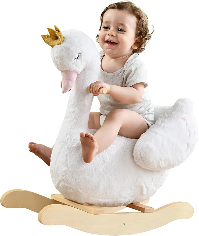 labebe Kids Rocking Horse White Swan, Stuffed Animal Wooden Rocker for Children 6 Months Boys and Girls/Nursery Christmas, Birthday Gift (Rocking Swan)