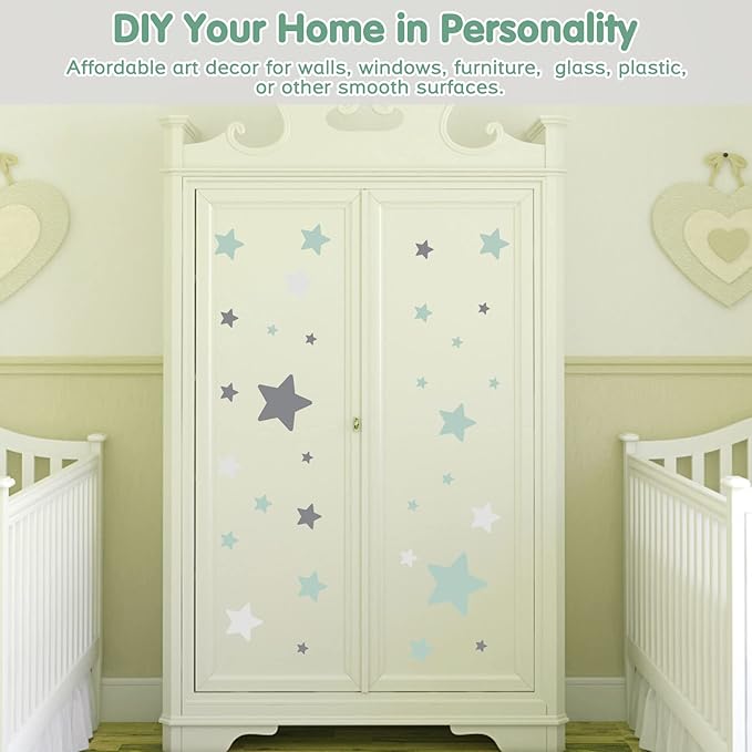 Stars Wall Stickers Removable, Vinyl Stars Wall Decals Peel and Stick, Green and Grey Tone Stars Wall Stickers for Living Room Decoration