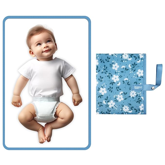 Portable Diaper Changing Pad for Baby - Waterproof Compact Changing Mat with Wrist Strap - Wipeable Travel Changing Pad for Diaper Bag - Gifts for Baby Shower by PHOEBUS BABY(Blue Flowers)