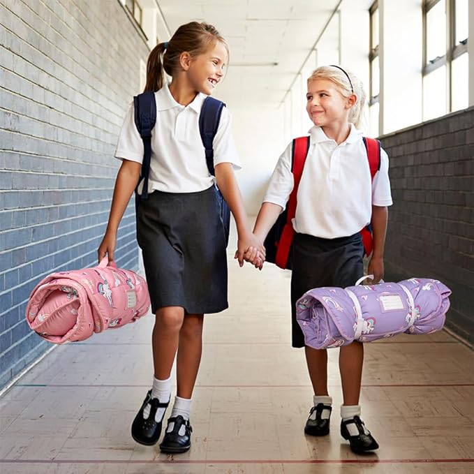 Primlect Thickened Toddler Nap Mat with Removable Pillow and Minky Blanket, Extra Large 55''x35'' Sleeping Bag, Washable, Roll up, Perfect for Daycare, Preschool, Kindergarten, Boys and Girls Pink