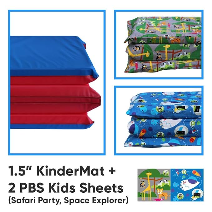 KinderMat 1.5" Thick + PBS Kids Adventure Kit - 2 Washable Covers - 47" x 22", Special Edition - Safari Party and Space Explorer - Value Bundle Great for Daycare & Family Households