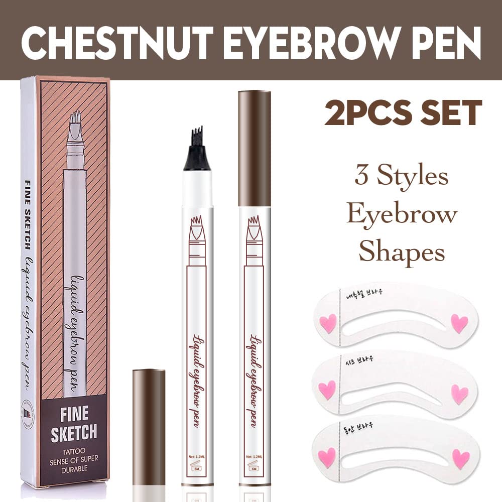 2 Pcs/Set Eyebrow Ink Pencil by Brow Stylist -Micro 4 Point Brow Pen Lift & Snatch Eyebrow Pen Kits with 3 Eyebrow Stencil Long-Lasting Waterproof Natural Eyebrow Hair (01# chestnut colour)