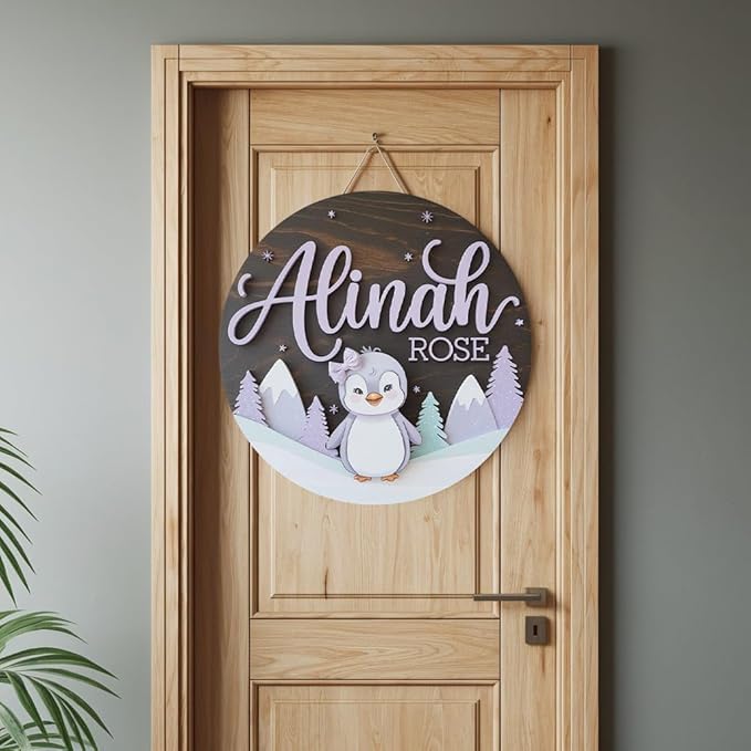 Personalized Name Sign for Nursery, Penguin Sign for Baby Door Decor, Newborn Gifts for Girl, Girls Nursery Wall Bedroom Decorations, Mother's Day Gifts for New Mom Dad Gift