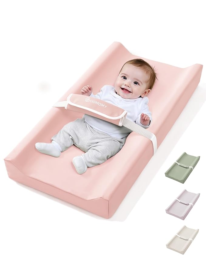 COMOMY Baby Changing Pad with Wipeable & Waterproof PU Cover, Contoured Diaper Changing Pad for Dresser with Non-Slip Safety Belt, Portable and Lightweight, Large Cushioned Foam, Pink