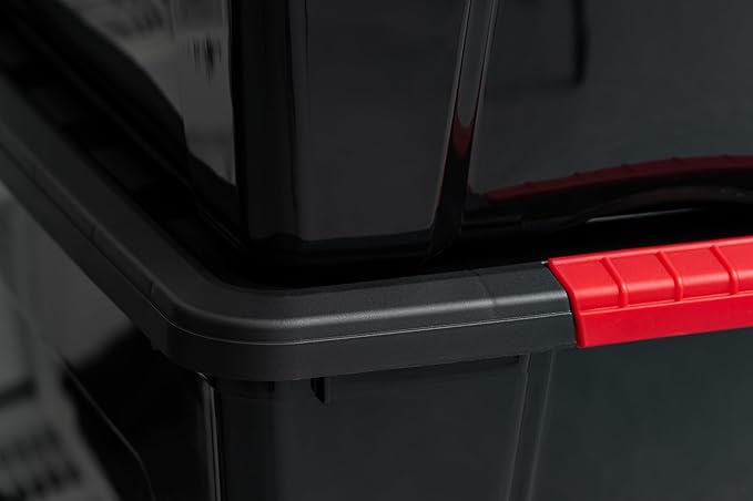 IRIS USA 40 Qt Stackable Plastic Storage Bins with Lids, 6 Pack - BPA-Free, Made in USA - Garage Organizing Solution, Latches, Durable Nestable Containers, Secure Pull Handle - Black