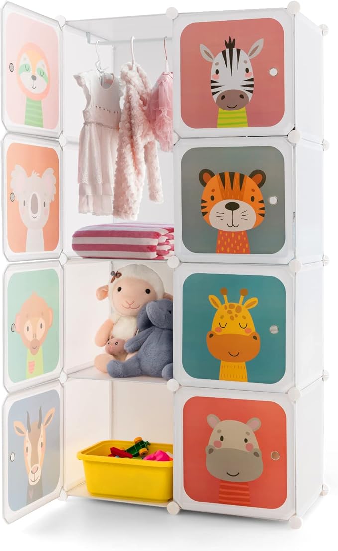 Costzon Kids Closet, Cartoon DIY Modular Dresser Storage Organizer with 8 Cubes & Clothes Hanging Rack, Portable Armoire for Baby Toddlers, Kids Wardrobe for Bedroom Nursery, White