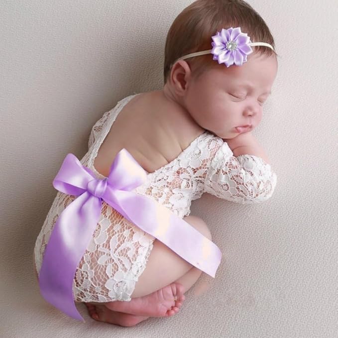 Newborn Girl Photography Outfits, Backless Lace Romper with Flower Headband Photo Props, Baby Girl Photoshoot Outfits