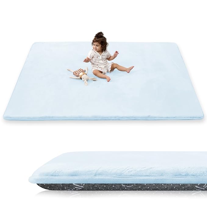 1.5" Super Thick Baby Play Mat for Floor, 79x118 Pro Soft Flannel Foam Mats for Toddler Infant Kids Crawling for Nursery Rug Playroom Living Room Waterproof Easy Care Non-Slip (Baby Blue)