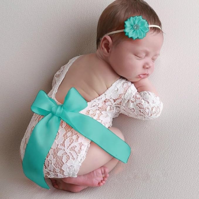 Newborn Girl Photography Outfits, Backless Lace Romper with Flower Headband Photo Props, Baby Girl Photoshoot Outfits