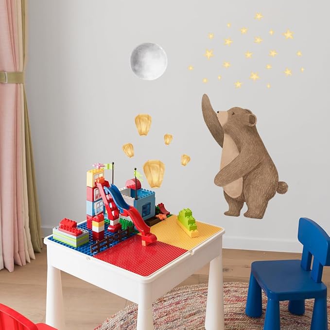 Cute Bear Wall Decals with Moon & Stars - Removable Nursery Wall Stickers for Baby Kids Room, Waterproof Animal Wall Art Decor, Easy to Apply Bedroom Living Room Playroom Murals