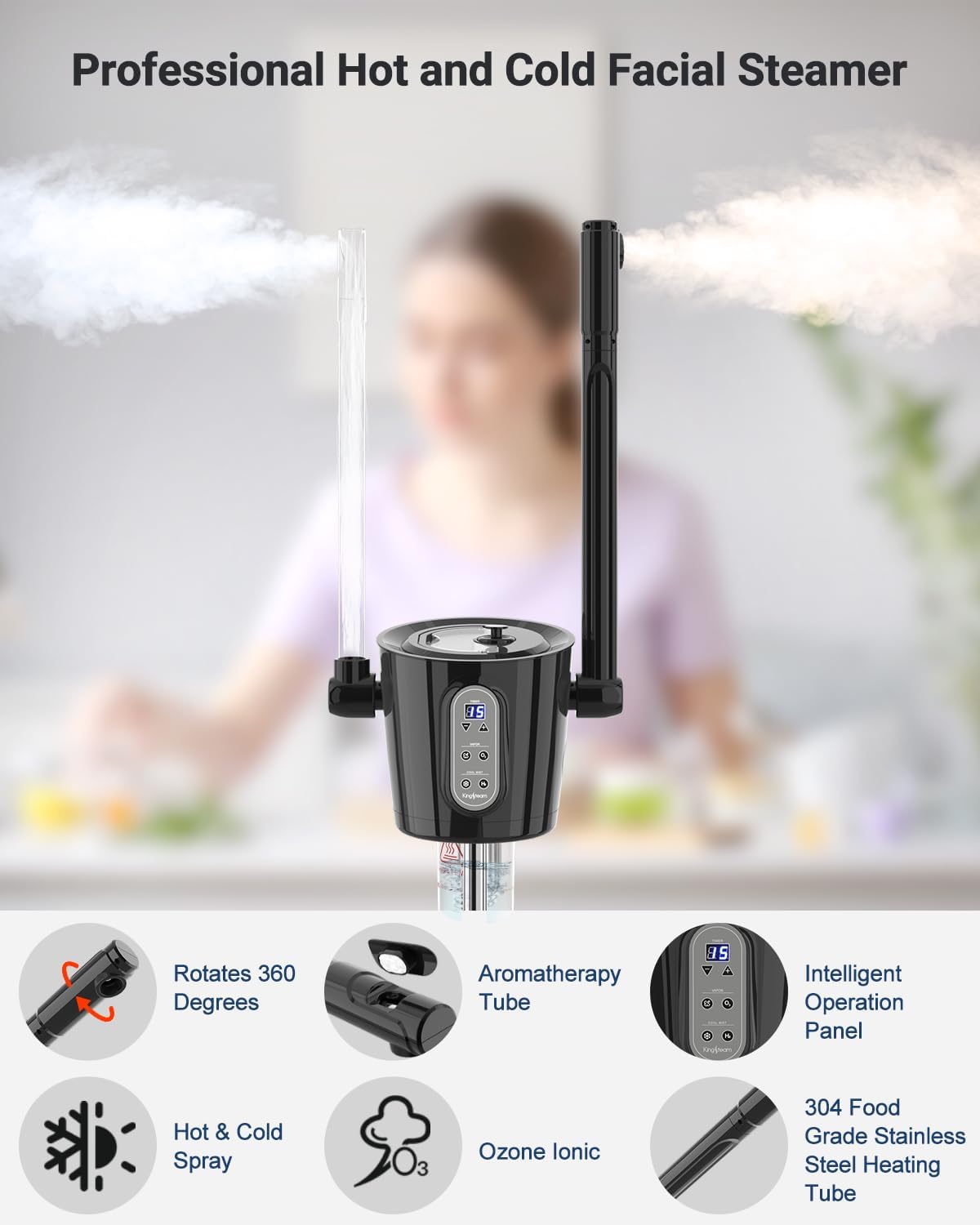 Kingsteam 2-in-1 Hot & Cold Facial Steamer with Ozone & Ionic Technology,Deep Cleansing & Moisturizing,30-Min Timer,Large Water Tank for Professional Estheticians, Beauty Salons & Home Use