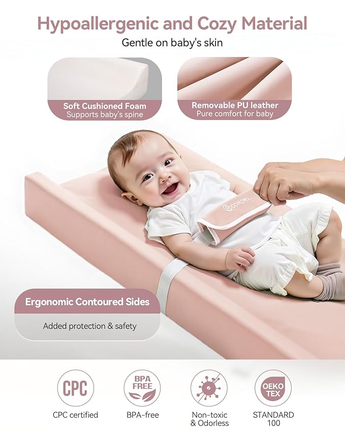 COMOMY Baby Changing Pad with Wipeable & Waterproof PU Cover, Contoured Diaper Changing Pad for Dresser with Non-Slip Safety Belt, Portable and Lightweight, Large Cushioned Foam, Pink