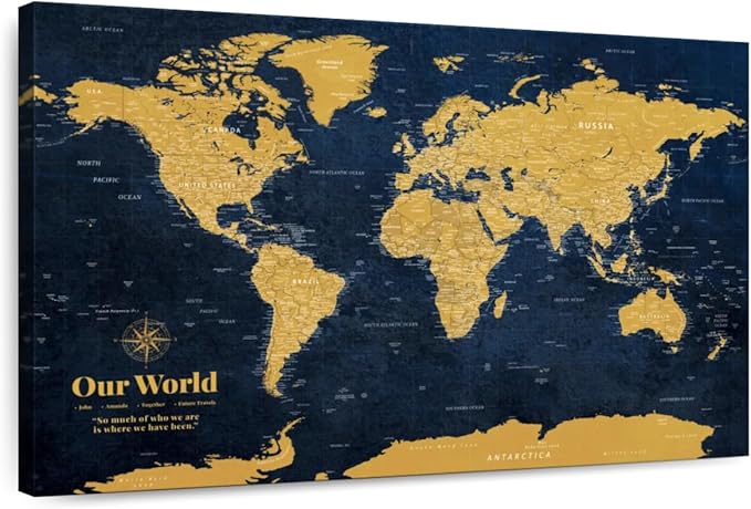 ElephantStock - Personalized Push Pin World Map - Gold Wall Art - Horizontal Canvas Wall Art - Living Room Wall Decor - Digital Art Map Canvas Art - Orange And Blue Decor - 45" x 30"