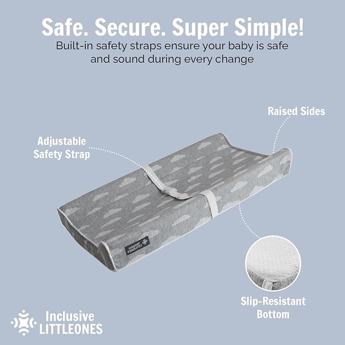 Baby Diaper Changing Pad Soft, Waterproof Changing Pad, Non-Slip Bottom, Safety Straps & Ergonomic Contoured Design - Wipeable Changing Pad Cover Standard Size (31.5"x16") Changing Tables & Dressers